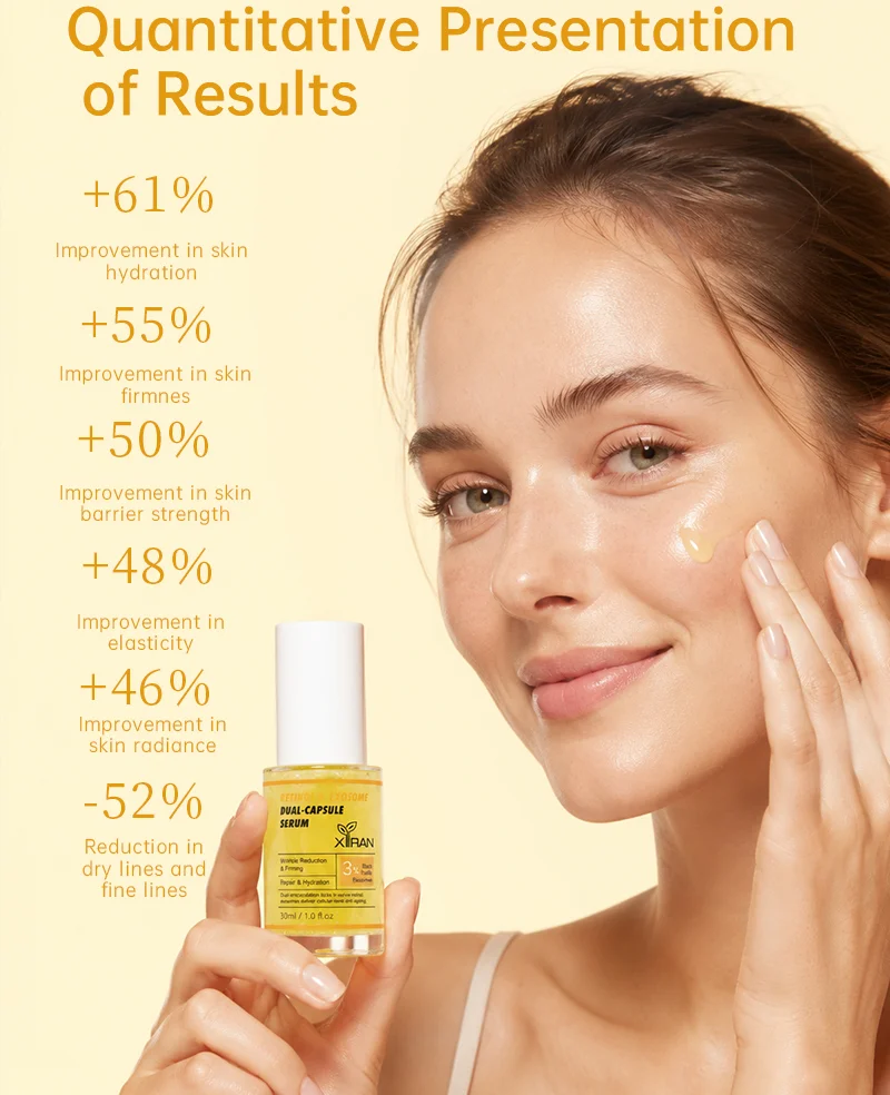 A woman smiling and applying a yellow skincare serum to her cheek. Text highlights serum benefits, including hydration and elasticity improvement.
